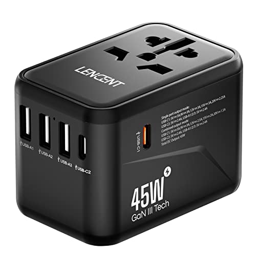 LENCENT Universal Travel Adapter, GaN III 45W International Charger with 3 USB Ports & 2 USB-C PD Fast Charging Adaptor, Worldwide Wall Charger for iPhone, Laptops, USA/UK/EU/AUS, Black