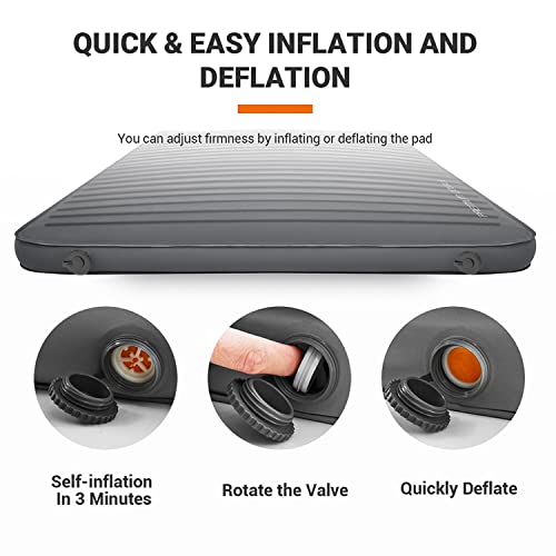KingCamp Luxury 3D Double Self Inflating Camping Sleeping Pad Foam Air Mattress R Value: 9.5, Portable 3 Inch Large Thick Self Inflatable Mattress for 2 Two Person, Couple, Queen Size, Black