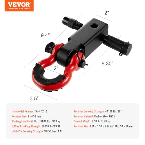 VEVOR Shackle Hitch Receiver, Fits 50 mm Receivers, 29.9 Tons Breaking Strength, D Ring Shackle with Trailer Hitch Lock Pin, Heavy Duty Towing Accessories for Trucks, Jeeps, Off-Road Vehicle Recovery