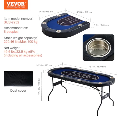 VEVOR 8 Player Foldable Poker Table, Blackjack Texas Holdem Poker Table with Padded Rails and Stainless Steel Cup Holders, Portable Folding Card Board Game Table,183cm Oval Casino Leisure Table, Blue