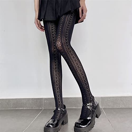 Women's Fishnet Knitted Tights Patterned Stockings Transparent Pantyhose Sexy High-Waist Lace Leggings