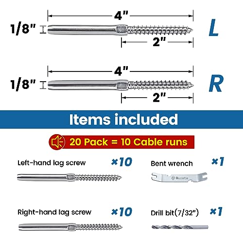 Muzata Swage Lag Screws Left & Right 20 Pack for 1/8" Cable Railing, T316 Stainless Steel Stair Deck Railing Wood Post Balusters (10 Pairs) CK17 with Installation Video