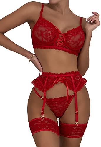 FAIRYMEI Lingerie for Women 3 Piece Lingerie Set with Garter Belt Bra and Panty Sets Sexy Lace Bodydoll Teddy Lingerie…, Red, Small