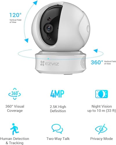 EZVIZ Security Camera, Surveillance WiFi Camera, 2K+, Indoor 360 Pan/Tilt Home IP Camera, Baby Monitor, Night Vision, Two Way Talk, Human Detection, Privacy Shutter, Cloud/SD Storage, Alexa C6CN 4MP