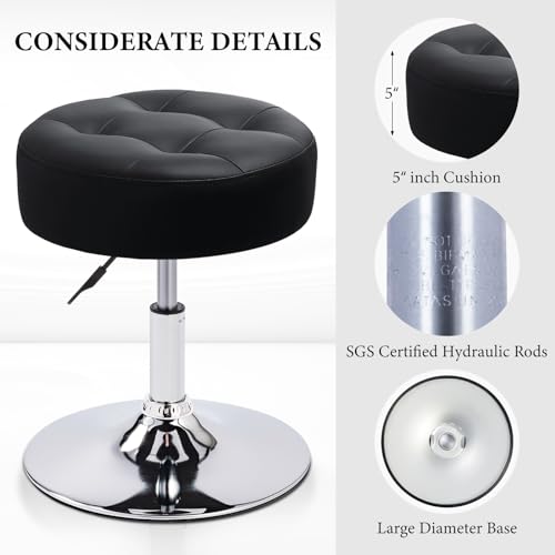 Furniliving PU Leather Swivel Makeup Chair, Adjustable Height Vanity Stool for Living Room, Bedroom, Modern Round Ottoman, Black