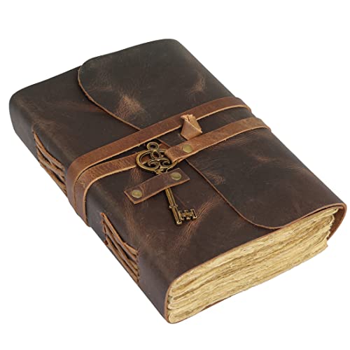 Leather Journal with lined Deckle Edge Paper 8x6 inch and Vintage Key/Handmade Writing Notebook Diary/Bound Daily Notepad for Men & Women Medium, Sketch/Writing pad, for Artists (8 x 6, Brown)