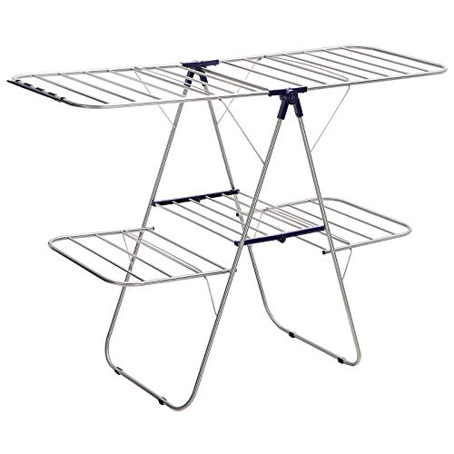 SONGMICS 2-Level Clothes Airer, Stainless Steel Drying Rack, Laundry Rack with Height-Adjustable Wings, Free-Standing, for Socks, Bed Linen, Clothing, Foldable, Stable, Blue LLR53BU, 156 x 61 x 113 cm