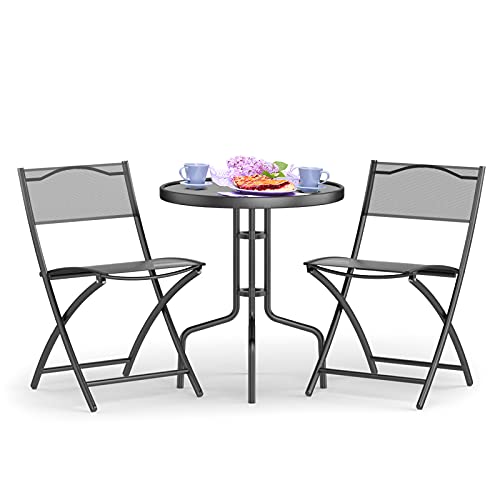 Costway 3-Piece Patio Bistro Set, Outdoor Bistro Table Set with Round Black Tempered Glass Tabletop and 2 Folding Chairs, Outdoor Dining Set for Indoor/Outdoor, Black