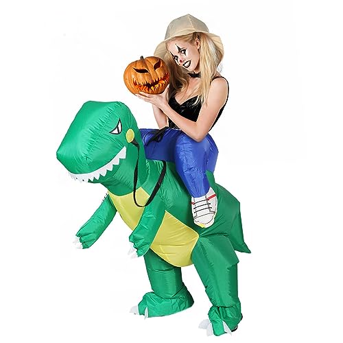 Inflatable Dinosaur Costume, 1.15M Height Lightweight Funny Costumes Ride on Dinosaurs Outfit for Adult Kids Gift, Suit Blow Up Party Dress Halloween Cosplay Green