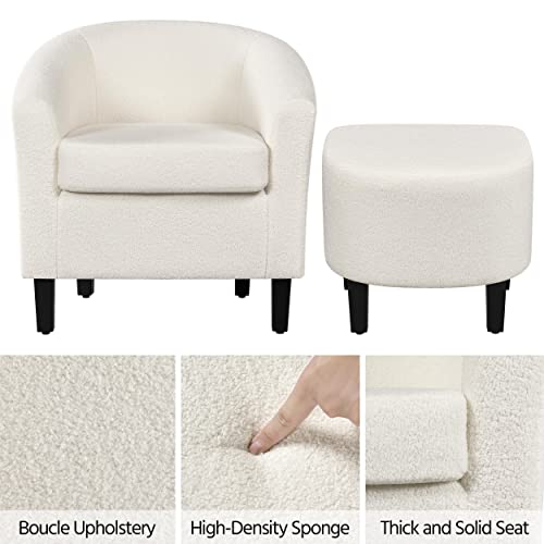 Yaheetech Contemporary Sherpa Accent Chair and Ottoman Set, Mid Century Modern Soft Barrel Chair Comfy Fabric Armchair and Footrest for Living Room/Bedroom/Reading Room, Ivory