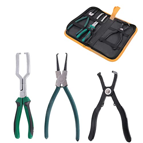 3pcs Fuel Line Pliers Set Clip Pipe Disconnect Tools, Fuel Filter Caliper Hose Pipe Clamp Clip and 80 Degree Disconnect Pliers Set,High Efficiency Maintaining Tools with Storage Case