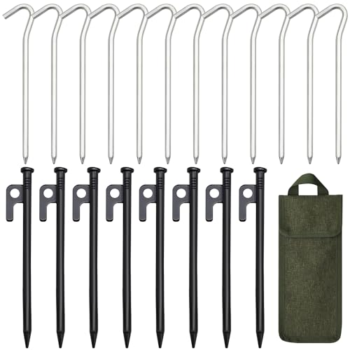 Tent Stakes, 8pcs Steel Tent Stakes + 12pcs Aluminum Tent Stakes Kit with Storage Bag, Tent Pegs for Camping, Canopy