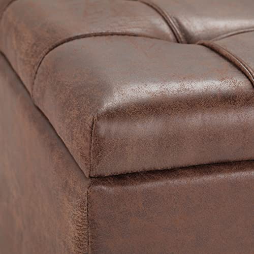 SIMPLIHOME Harrison 36 inch Wide Square Coffee Table Lift Top Storage Ottoman in Upholstered Distressed Umber Brown Tufted Faux Leather for the Living Room,