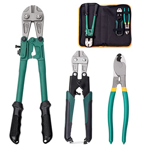 Glarks 3Pcs Bolt Cutter and Cable Cutter Pliers Set, Heavy Duty 14" Bolt Cutter and Mini 8" Bolt Cutter with 8" High Leverage Cable Cutter, Easily Cut Lock and Comfortable Grip for Wire Rope Rod Chain