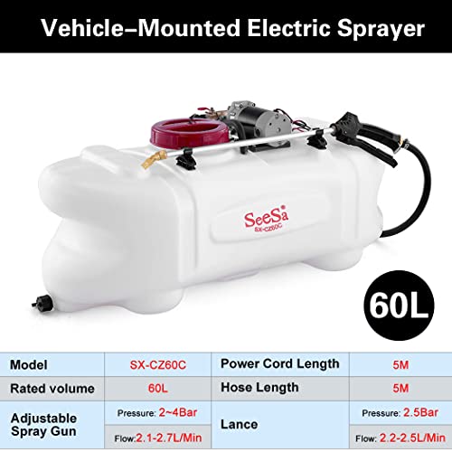 SeeSa 60LWeed Sprayer 1.5M Boom 12V Pump Tank Weed Sprayer 108Psi Self-Priming Pump 5M Hose with Adjustable Strap Farm Chemical Sprayer for Plants, Cleaning, Lawn & Garden, Agricultural Irrigation