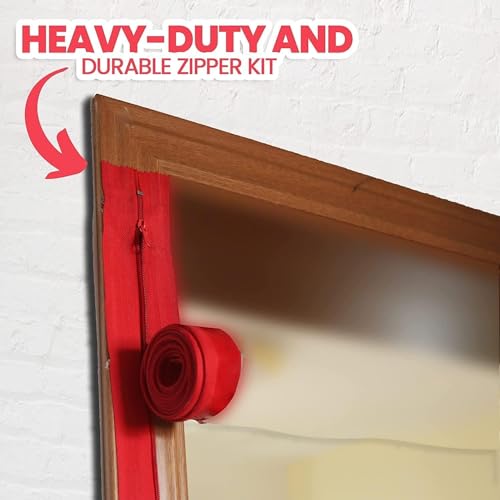 (4-Pack) Heavy-Duty Dust Protector Zipper - Self-Adhesive Instant Door Zipper - 7 Ft Length (3" Width) Zipper - Includes 4 Zippers and Plastic Sheeting Cutter Accessories (Red Color)