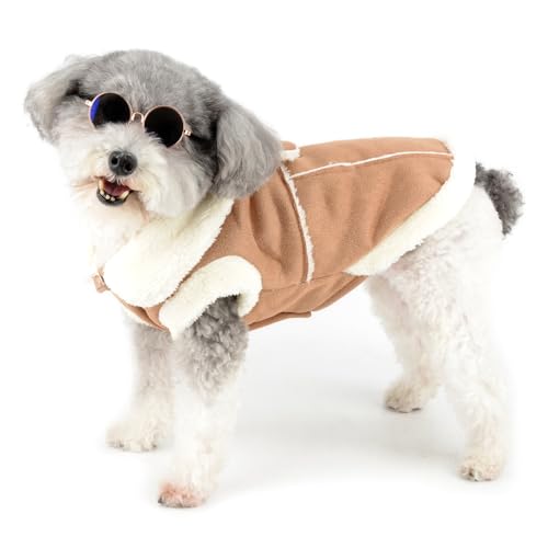 Zunea Dog Winter Coats for Small Dogs Cats Shearing Fleece Dog Jacket Coat with D-Ring Cute Puppy Clothes with Bow Soft Warm Fleece Vest Clothing Windproof Cold Weather Pet Chihuahua Apparel Khaki S