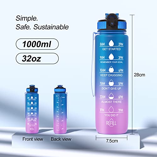 Motivational Water Bottle with Straw and Time Marker, Leakproof Tritan BPA-Free Water Jugs for Drinking, Large Capacity Water Jug with Handle for Fitness, Gym,Daily and Outdoor sports, 1L BluePurple