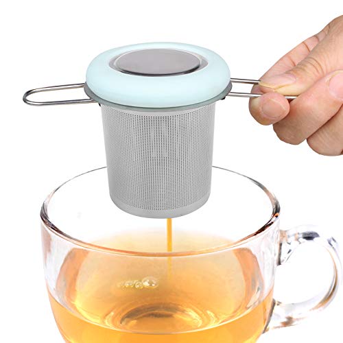 Fenshine Tea Infuser Stainless Steel Tea Strainer Folding Handle Tea Filter Extra Fine Mesh Strainer Brewing Basket with Lid for Loose Leaf Tea (Light Blue) …