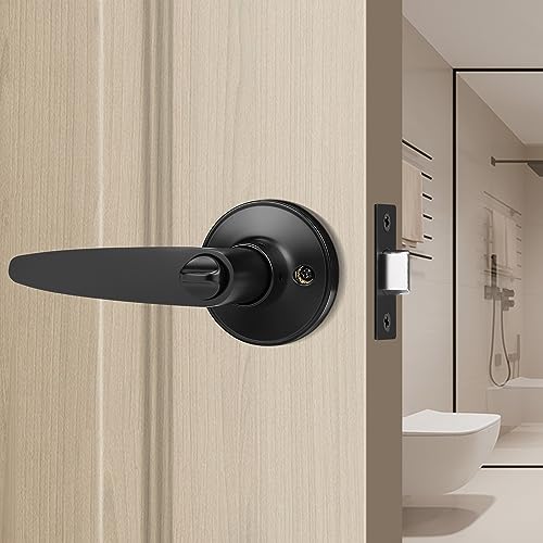 knobelite 10 Pack Privacy Lever Door Handle (Thumb Turn Lock on The Inside),Keyless Door Handle for Bedroom or Bathroom in Black Finish,Wave Style Lever Left and Right Hand Universal