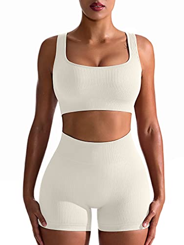 OQQ Workout Outfits for Women 2 Piece Seamless Ribbed High Waist Leggings with Sports Bra Exercise Set, Beige, Small