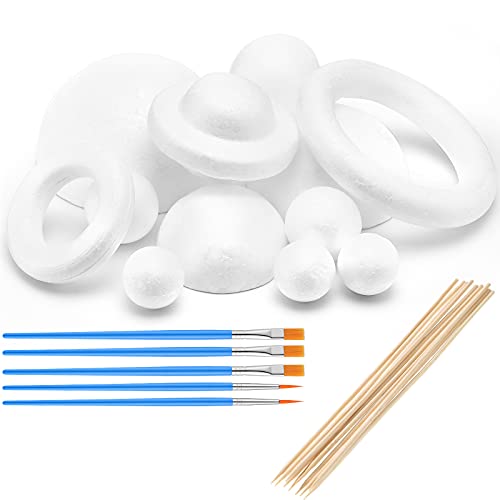 27 Pieces Solar System Model Kit Includes 12 Pieces Mixed Sized Foam Balls and 10 Pieces Long Bamboo Sticks and 5 Pieces Painting Brushes for Kids School Science Projects Arts and Crafts Supplies