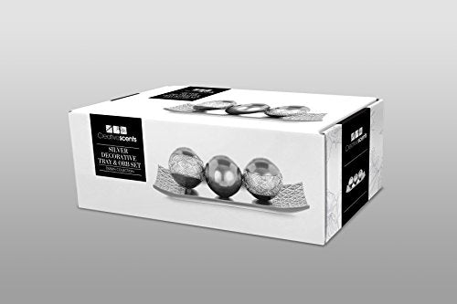 (Brushed Silver) - Dublin Decorative Tray and Orbs/Balls Set of 3, Centrepiece Bowl with Balls decorations Matching, Rustic Decorated Spheres Kit for Living Room or Dining/Coffee Table, Gift Boxed (Brushed Silver)