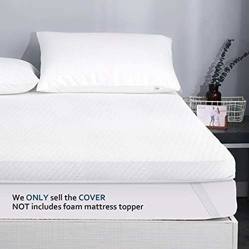 Mattress Topper Cover Only for Queen Size Foam Latex, 3-4 Inch Zippered Viscose Made from Bamboo, Removable Queen Size Encasement with Straps