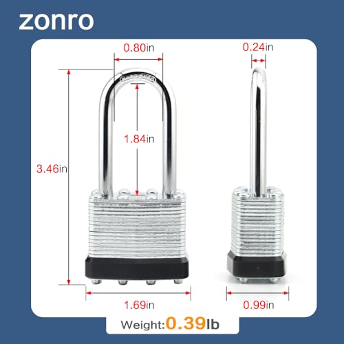 ZonRo Locks Laminated Steel Keyed Padlocks,Keyed Alike Locks, 1-9/16 inch Wide,Long Shackle Padlocks, Pack of 48，Black Hoop, for Hasp Latch, Sheds, Fences, Storage Locker, School, Gym…