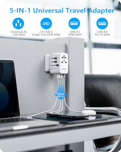 LENCENT Universal Travel Adapter, 65W International Power Adaptor for Phones,Laptops, GaN Worldwide Fast Charger with 2 PD3.0 Type C+2 QC USB A, Travel Adaptor for EU/USA/UK/AU/Japan, White