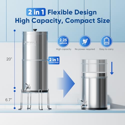 (Stainless Steel) - Purewell 8.5l Stainless Steel Gravity Water Filter System with 2 Black Purification Elements, Countertop Filtration System for Home and Outdoor Use (Without Stand)