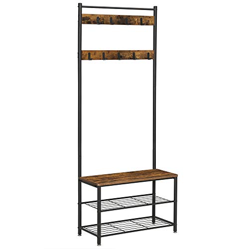 Vasagle Coat Rack Stand, Industrial Coat Tree, Hallway Shoe Rack and Bench with Shelves, Hall Tree with Hooks, Matte Metal Frame, Height 175 cm Rustic Brown HSR41BX