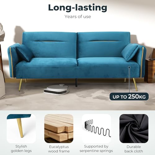 Levede 3 Seater Sofa Bed, Convertible Velvet Lounge Futon Couch with Recliner, Adjustable 3 Level Backrest with 2 Throw Pillow, Golden Legs for Small Spaces(198cm x 80cm x 83cm, Peacock Blue)