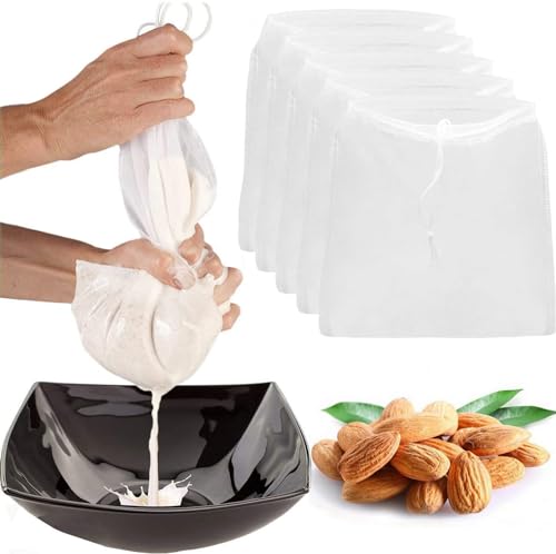 5 Pieces Nut Milk Bag, BetterJonny 9" x 12" Reusable Fine Mesh Nylon Filter Strainer All Purpose Food Strainer for Almond, Soy Milk, Nut, Cashew, Walnut Milk, Juice and Cold Brew Coffee