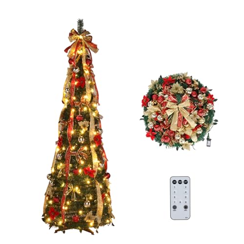 VINGLI 6ft Pre lit Pop Up Christmas Tree with Lights, Pre-Decorated Artificial Pencil Xmas Tree Collapsible Christmas Tree Holiday Party Decorations (Red&Gold)