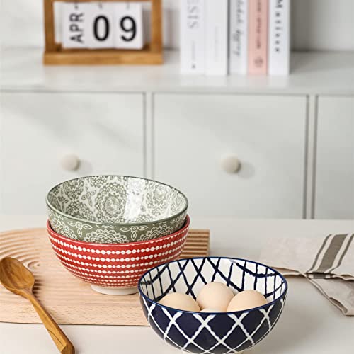 HUIRUMM Ceramic Cereal Bowl, Set of 6 Vibrant Color Dessert Bowls,22 oz Porcelain Bowl Set,Oatmeal Bowls, Bowls for Soup, Salad, Rice, Ramen, Dessert, Rice, Noodle, Bowls for Kitchen, Assorted Designs