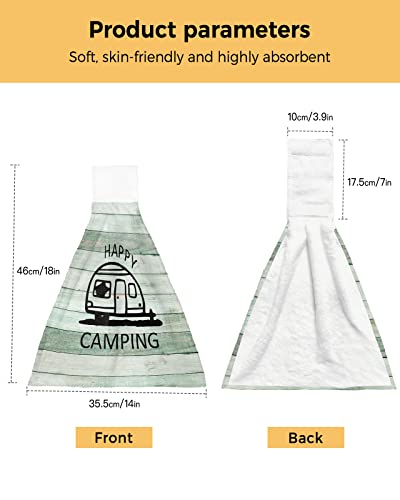 1 PCS Kitchen Hand Towels, Cartoon Camper Happy Camping Soft Plush Hanging Tie Towels with Loop for Kitchen Bathroom Dish Cloth Tea Bar Towel Green Wooden Stripes Grain