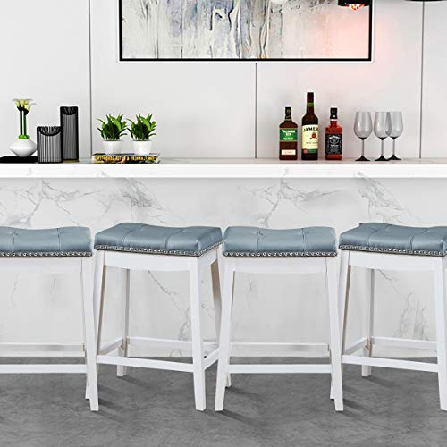 Giantex Set of 2 Backless Bar Stools, Kitchen Counter Bar Stools with Exquisite Nailhead and Solid Rubber Wood Legs, Saddle Bar Stools for Dining Room Living Room, 64cm Height, White with Grey Cushion