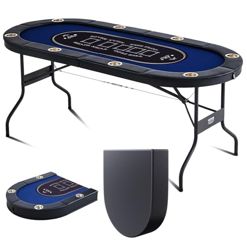 VEVOR 8 Player Foldable Poker Table, Blackjack Texas Holdem Poker Table with Padded Rails and Stainless Steel Cup Holders, Portable Folding Card Board Game Table,183cm Oval Casino Leisure Table, Blue