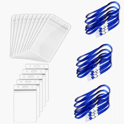 15 Pack ID Card Badge Holder with Blue Lanyards, Waterproof Clear PVC Key Card Sleeve Case Plastic Wallets with Resealable Zip for Offices,Schools,Conferences,Seminars,Trade Shows