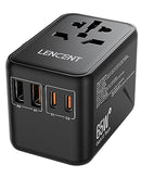 LENCENT Universal Travel Adapter, GaN3 65W International Charger with 2 QC4.0 USB-A+ 2 PD3.0 Type-C PPS Fast Charging, Worldwide European Outlet Adaptor for Phone,Laptop, USA/UK/EU/AUS Black