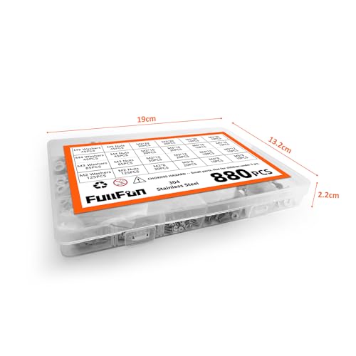 FullFun 880PCS M2 M3 M4 M5 Hex Socket Flat Head Screw Bolts Nuts Assortment Kit, 304 Stainless Steel Metric Screws with 4PCS Allen Wrenches, Allen Socket Hex Drive Machine Screws Set