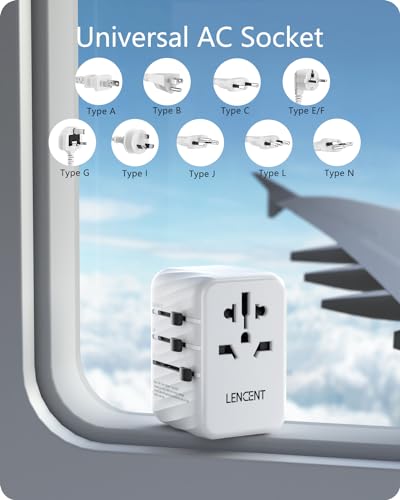 LENCENT International Travel Adapter, 65W GaN3 Universal Fast Charger with 2 USB A + 3 Type C PD, Worldwide Power Adaptor for Phones,Laptops, All in One Outlet Adaptor for EU/USA/UK/AU, White