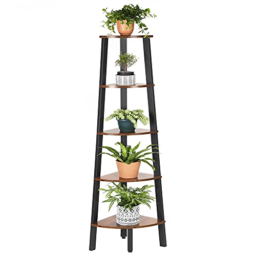 VASAGLE Industrial Bookcase, 5-Tier Corner Shelf, Plant Stand Wood Look Accent Furniture with Metal Frame for Home and Office ULLS35X, Rustic Brown