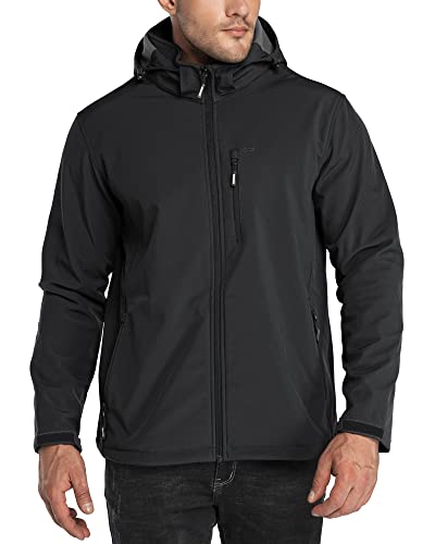 33,000ft Men's Waterproof Jackets Fleece Lining Softshell Jacket - Multi Pockets Outdoor Windproof Coat With Detachable Hood for Spring Fal Winter, Black 2XL
