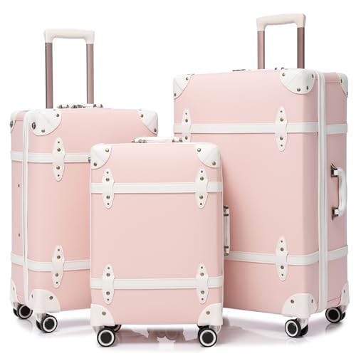 NZBZ Vintage Luggage set Carry on Cute Suitcase with Rolling Spinner Wheels TSA Lock Luggage 3 Pieces, Pink, 20inch & 24inch & 28inch, Zipper Vintage Luggage