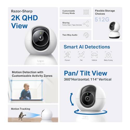 TP-Link Tapo Pan/Tilt AI Smart Home Security Wi-Fi Camera, Baby Monitor, 2K, 4MP, AI Detection & Notification, Night Vision, Two-Way Audio, Sound & Light Alarm, SD Card Slot, No hub Required (TC72)