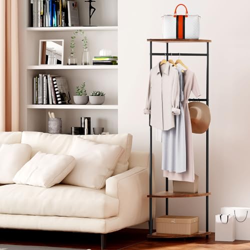 ZERDER Coat Rack Freestanding, Corner Hall Tree Clothes Rack, Coat Hanger Stand with Movable Hooks for Clothes, Hat, Bag, Rustic Brown ZER-009Br