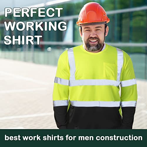 Zhanmai 6 Pack High Visibility Shirts Class 3 Reflective Safety Hi Vis Shirt Long Sleeve Wicking Safety Shirt with Pocket, Yellow, X-Large