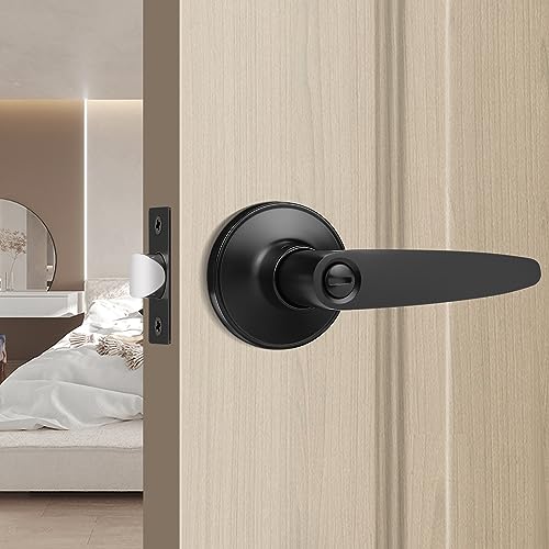 knobelite 10 Pack Privacy Lever Door Handle (Thumb Turn Lock on The Inside),Keyless Door Handle for Bedroom or Bathroom in Black Finish,Wave Style Lever Left and Right Hand Universal